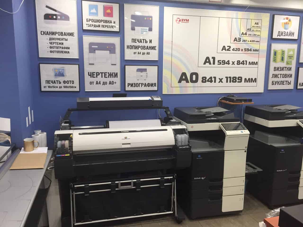 A large room with several printers and a large sign.